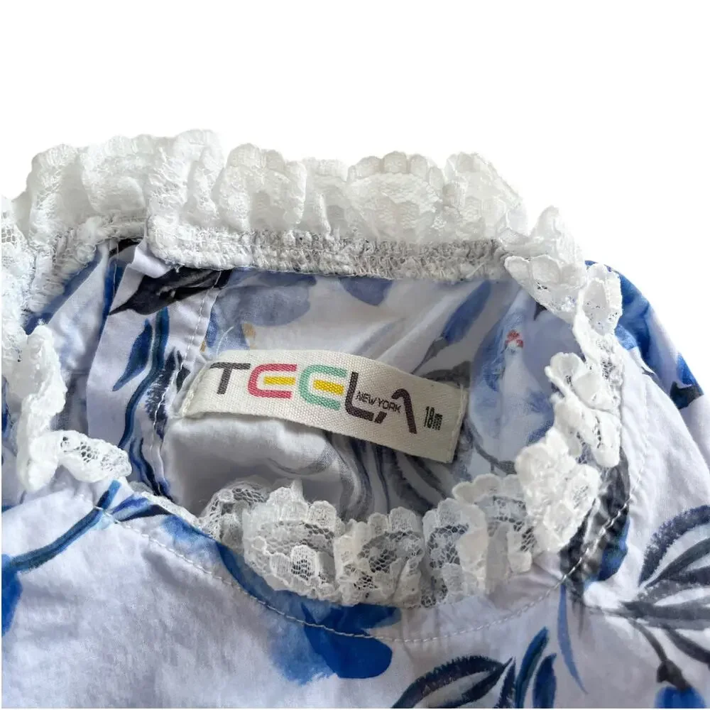 Teela Girls Light Blue Floral Cotton Lace Trim Toile Bubble Romper Boutique 18M